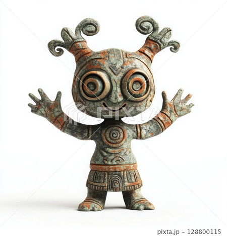Smiling figurine raising arms with spiral decorations on white background 128800115