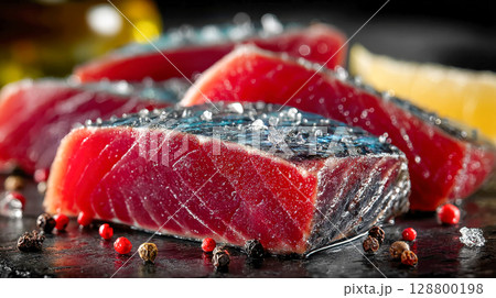 Close-up of raw tuna fillets sprinkled with sea salt and peppercorns, highlighting their rich red texture and glossy surface 128800198