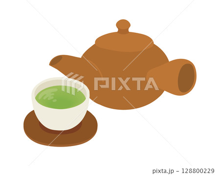 急須と湯のみの緑茶イラスト 128800229
