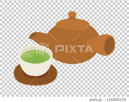 急須と湯のみの緑茶イラスト 128800229