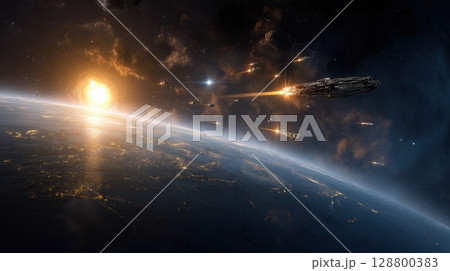 Spaceships Approaching a Distant Sun Spaceships Approaching a Distant Sun 128800383