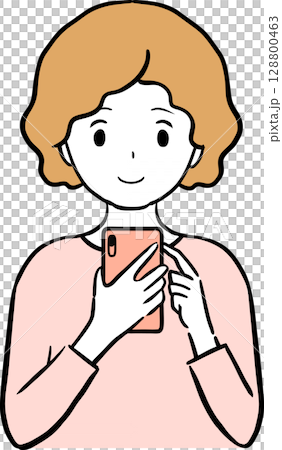 笑顔でスマホを操作する若い女性のイラスト 128800463