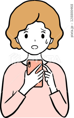 スマホを見て不安になる若い女性のイラスト 128800468