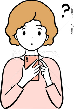 スマホを見て疑問に思う若い女性のイラスト 128800469