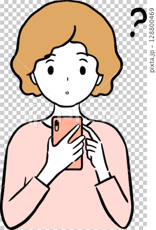 スマホを見て疑問に思う若い女性のイラスト 128800469