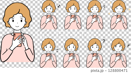 Facial expression set of a woman operating a smartphone 128800471