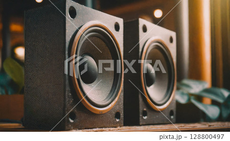 ペアの木製スピーカーが並ぶ風景 / 音楽のある空間を演出するインテリア系ビジュアル素材 ペアの木製スピーカーが並ぶ風景 / 音楽のある空間を演出するインテリア系ビジュアル素材 128800497