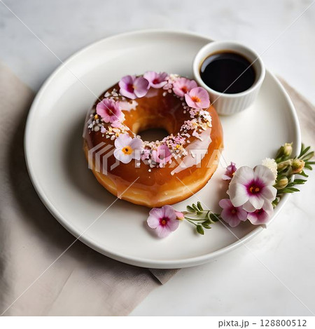 Elegant Flower-Topped Doughnut with Sugar Glaze 128800512