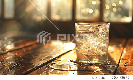 窓辺の夕陽に照らされる氷入りグラスと木のテーブルの静物イラスト 128800677