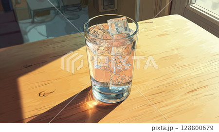 日差しに輝く氷入りグラスと木のテーブルのミニマルイラスト 128800679