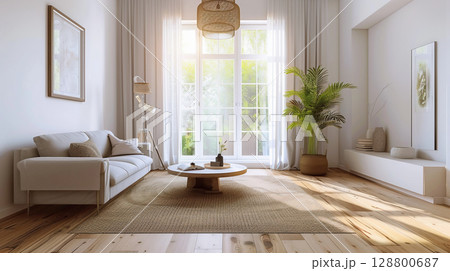 大きな窓から光が差し込むナチュラルテイストの明るいリビングルーム 大きな窓から光が差し込むナチュラルテイストの明るいリビングルーム 128800687