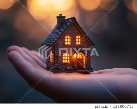 A detailed miniature house rests in the palm of a hand, with a soft, blurred background of autumnal colors. 128800715