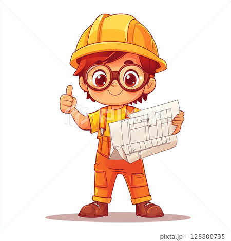 A cheerful cartoon of a young engineer in a yellow hard hat and glasses, holding blueprints and giving a thumbs-up. 128800735
