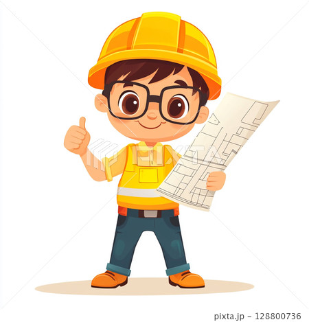A cheerful cartoon of a young engineer in a yellow hard hat and glasses, holding blueprints and giving a thumbs-up. 128800736