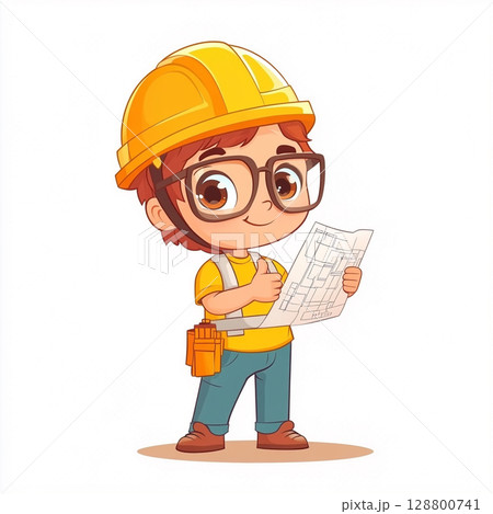 A cheerful cartoon of a young engineer in a yellow hard hat and glasses, holding blueprints and giving a thumbs-up. 128800741