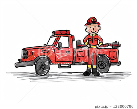 A cheerful cartoon of a firefighter in firefighter gear, standing next to the fire truck. 128800796