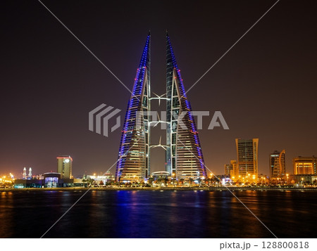 Skyline of Manama Bahrain with reflections at night Skyline of Manama Bahrain with reflections at night 128800818