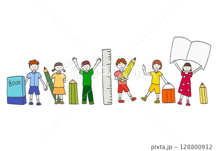 手書き風 子どもと文房具 手書き風 子どもと文房具 128800912