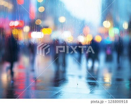 A rainy city square is viewed through a blurred, water-streaked window, showing abstract shapes of people and glowing neon lights in blue, orange, and yellow. 128800918