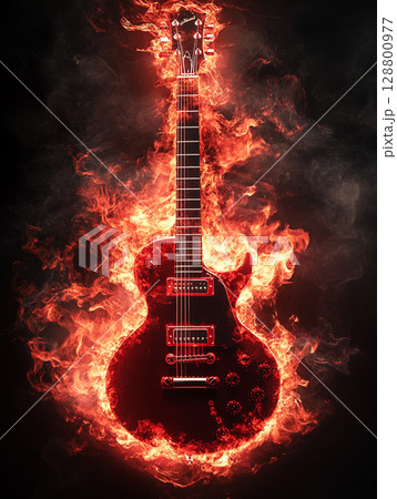 A dark, moody image showcases an electric guitar engulfed in vivid orange and red flames, creating a powerful and intense visual. A dark, moody image showcases an electric guitar engulfed in vivid orange and red flames, creating a powerful and intense visual. 128800977