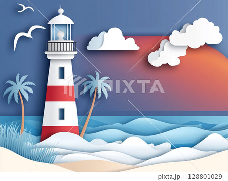 A paper-cut illustration depicts a red and white striped lighthouse on a sandy beach with palm trees, waves, and seagulls under a blue sky with clouds. 128801029