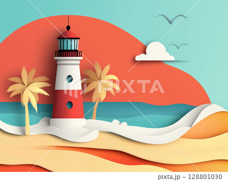 A paper-cut illustration depicts a red and white striped lighthouse on a sandy beach with palm trees, waves, and seagulls under a blue sky with clouds. 128801030