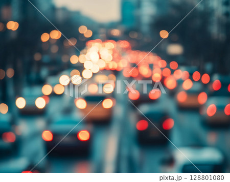 A heavily blurred image captures the tail lights and headlights of numerous cars on a busy city road at dusk or night, creating bokeh effects. A heavily blurred image captures the tail lights and headlights of numerous cars on a busy city road at dusk or night, creating bokeh effects. 128801080