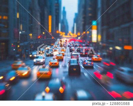 A heavily blurred image captures the tail lights and headlights of numerous cars on a busy city road at dusk or night, creating bokeh effects. 128801088