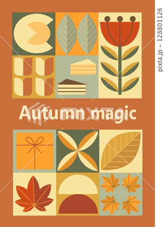 Autumn simple poster set. Autumn flyer set of designs Scandinavian mosaic. Banner autumn elements in Bauhaus style. Autumn design poster. Vector illustration. Autumn simple poster set. Autumn flyer set of designs Scandinavian mosaic. Banner autumn elements in Bauhaus style. Autumn design poster. Vector illustration. 128801126