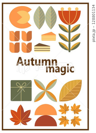 Autumn simple poster set. Autumn flyer set of designs Scandinavian mosaic. Banner autumn elements in Bauhaus style. Autumn design poster. Vector illustration. Autumn simple poster set. Autumn flyer set of designs Scandinavian mosaic. Banner autumn elements in Bauhaus style. Autumn design poster. Vector illustration. 128801134