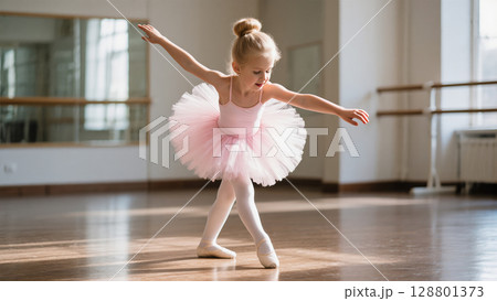 Little girl in pink tutu dancing ballet in studio with sunlight. Elegant and graceful child in motion. Delicate moment of childhood joy. Little girl in pink tutu dancing ballet in studio with sunlight. Elegant and graceful child in motion. Delicate moment of childhood joy. 128801373