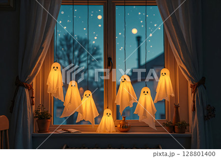Ghost pendant lights. In front of the window hang seven small ghost ornaments, softly lit against the twilight sky. Ghost pendant lights. In front of the window hang seven small ghost ornaments, softly lit against the twilight sky. 128801400