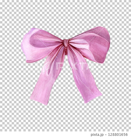 Pink satin ribbon. Watercolor of a decorative element tied in a bow. Good for postcards, recipes, menu, invitations, greeting cards Pink satin ribbon. Watercolor of a decorative element tied in a bow. Good for postcards, recipes, menu, invitations, greeting cards 128801656