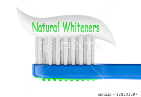 Natural Whiteners toothpaste on toothbrush. 3D rendering Natural Whiteners toothpaste on toothbrush. 3D rendering 128801697