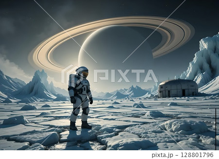 Astronaut on Icy Alien Planet with Saturn in Sky 128801796