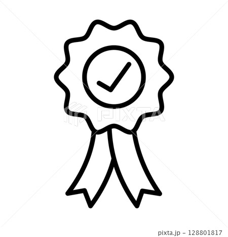 Award Badge Icon with Check Mark. Black Outline Vector Illustration. This vector illustration features a stylized award badge or ribbon symbol, depicted in a clean outline style. Award Badge Icon with Check Mark. Black Outline Vector Illustration. This vector illustration features a stylized award badge or ribbon symbol, depicted in a clean outline style. 128801817