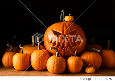 Halloween display with carved pumpkin face and small gourds Halloween display with carved pumpkin face and small gourds 128802020