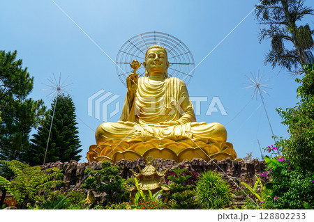 Golden Buddha Statue at Linh Son Pagoda in Da Lat, Vietnam, Surrounded by Lush Tropical Greenery 128802233