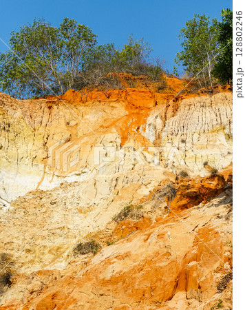 Layered Sandstone Cliffs with Vegetation in Ham Tien Canyon, Vietnam under a Clear Blue Sky 128802246