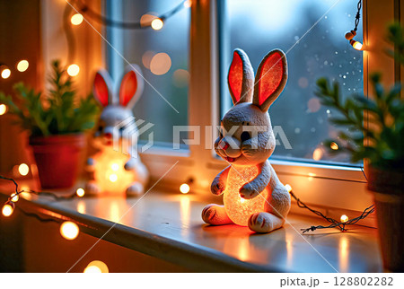 Cozy home atmosphere for the Christmas holidays. Decorative lamps in the shape of hares and twinkling garlands decorate the festive atmosphere of the home comfort at Christmas. 128802282