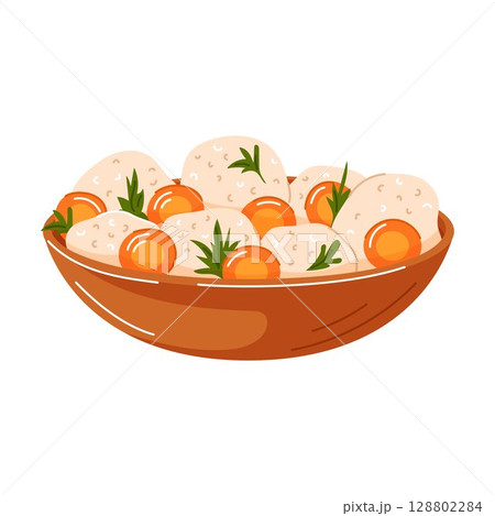 Chicken broth with matzo, carrots and herbs for Rosh hashanah holiday in cartoon style. Matzah ball soup for traditional jewish cuisine, homemade food, kosher lunch. 128802284