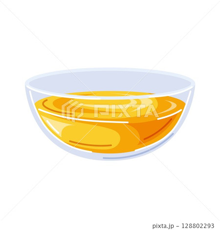 Glass bowl filled with honey in cartoon style. Sweet and thick dessert ingredient isolated on white background. Perfect for food Rosh Hashanah and traditional Jewish theme. 128802293