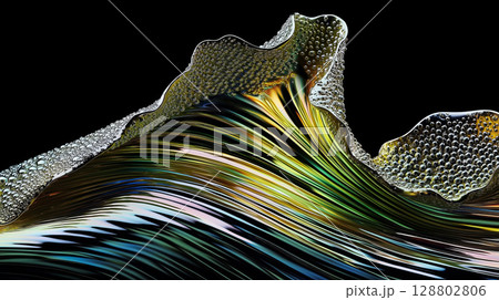 Abstract wave of iridescent colors and glass textures against a black background 128802806