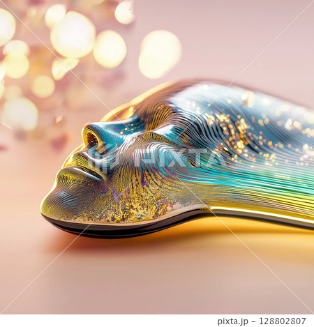 Abstract metallic face sculpture with colorful light reflections 128802807