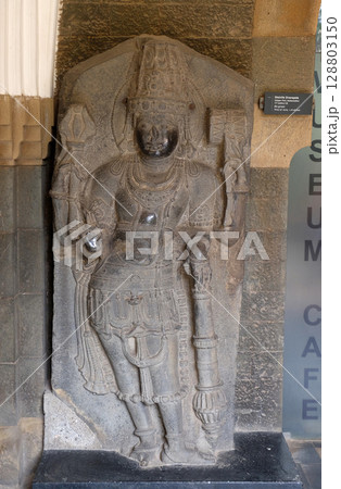 Statue of Shaivite Dvarapala from 12th century exposed in the Prince of Wales Museum, now known as The Chhatrapati Shivaji Maharaj Museum in Mumbai, India 128803150