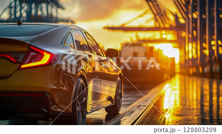 A car parked on a promenade or jetty against the backdrop of sunset. In the distance, the outline of a container crane can be seen against the backdrop of the port infrastructure. 128803209