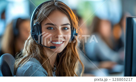 A girl working in an office. She is wearing a headset with a microphone and smiling. A contact center or an open-plan office. A girl working in an office. She is wearing a headset with a microphone and smiling. A contact center or an open-plan office. 128803217