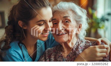 A young woman in a medical uniform hugs and smiles at an elderly woman. The elderly woman also smiles. A young woman in a medical uniform hugs and smiles at an elderly woman. The elderly woman also smiles. 128803262