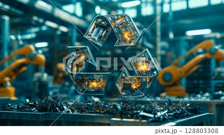 A recycling symbol with electronic elements inside, symbolizing the recycling of electronic waste. The background shows a production environment with robotic mechanisms.	 A recycling symbol with electronic elements inside, symbolizing the recycling of electronic waste. The background shows a production environment with robotic mechanisms.	 128803308