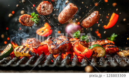Grilling meat. There are various types of meat and vegetables on the grill, such as sausages, pieces of meat, peppers, and zucchini. Smoke rises over the grill	 Grilling meat. There are various types of meat and vegetables on the grill, such as sausages, pieces of meat, peppers, and zucchini. Smoke rises over the grill	 128803309